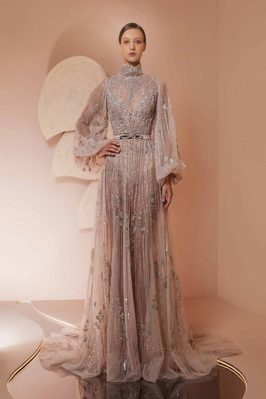 Fully-Beaded Puff Sleeve Gown