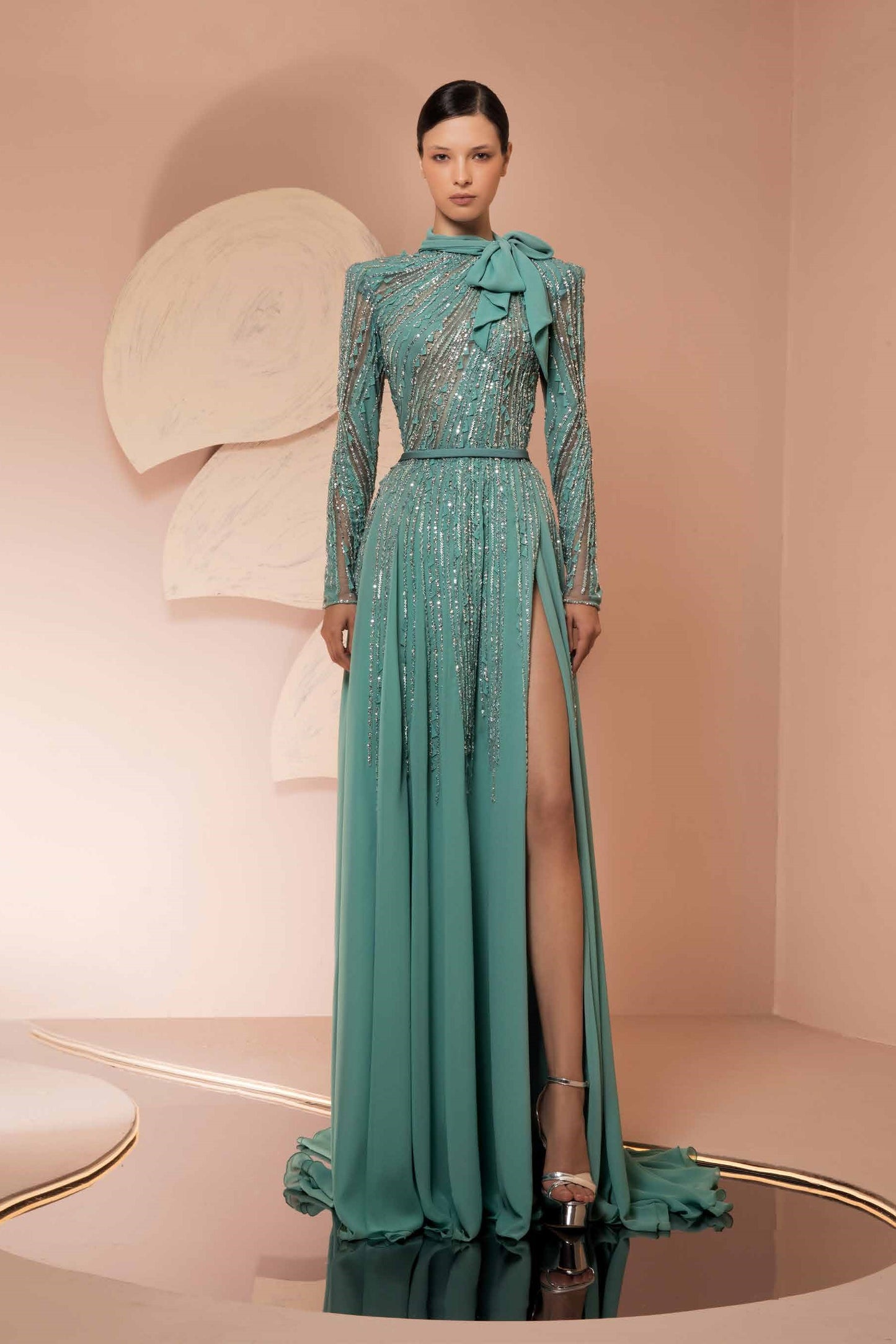 Crepe Embroidery Slit Gown