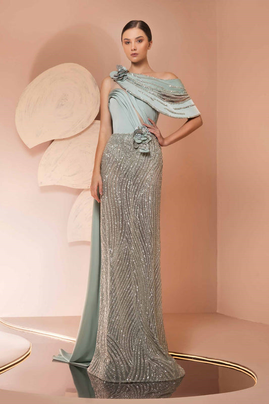 Fully Beaded One-Shoulder Gown