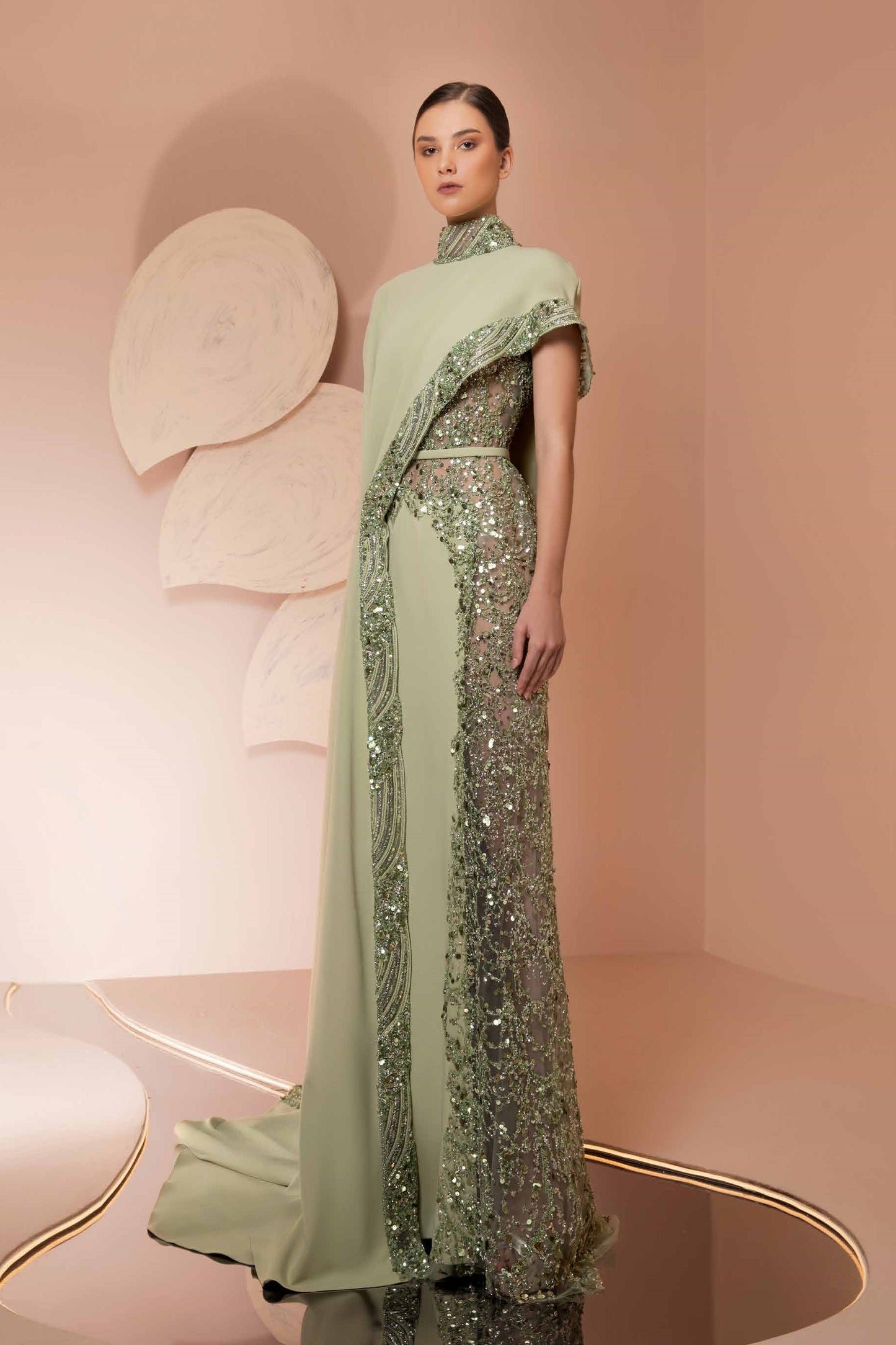 Crepe Gown with Side Cape