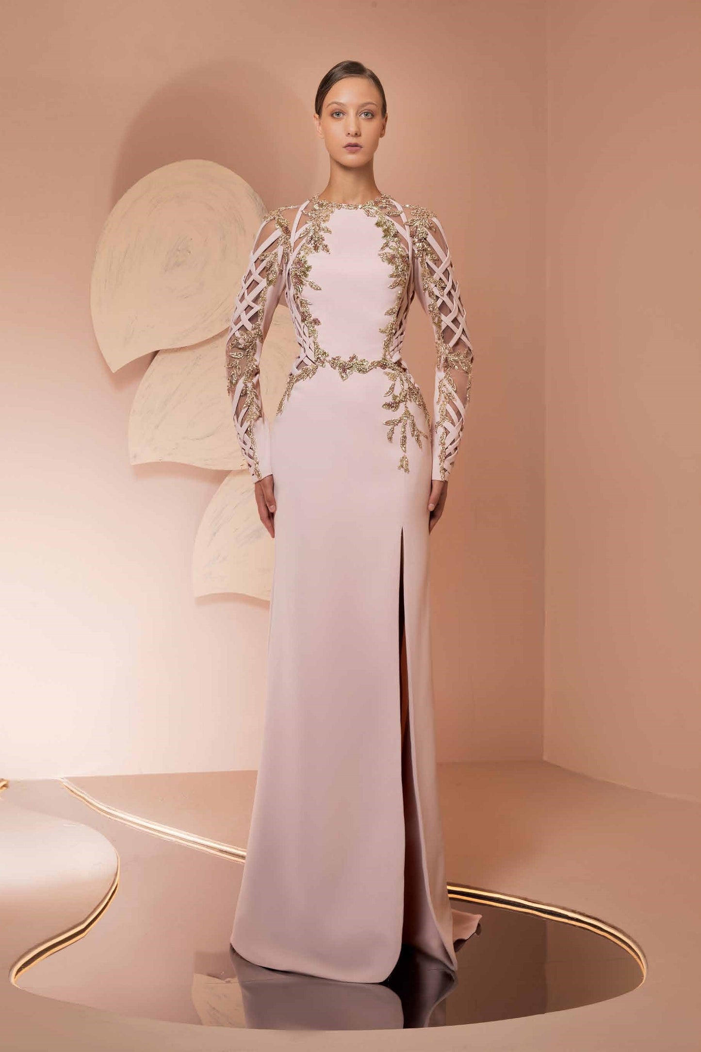 Crepe Embroidered Slit Gown