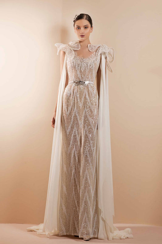 Fully Beaded Scarve Sleeve Gown