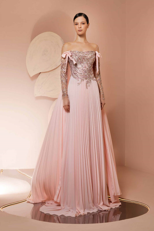 Pleated Off-Shoulder Gown