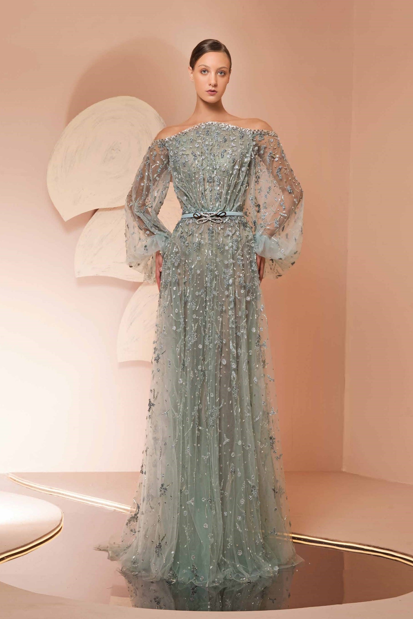 Fully Beaded Off-Shoulder Gown