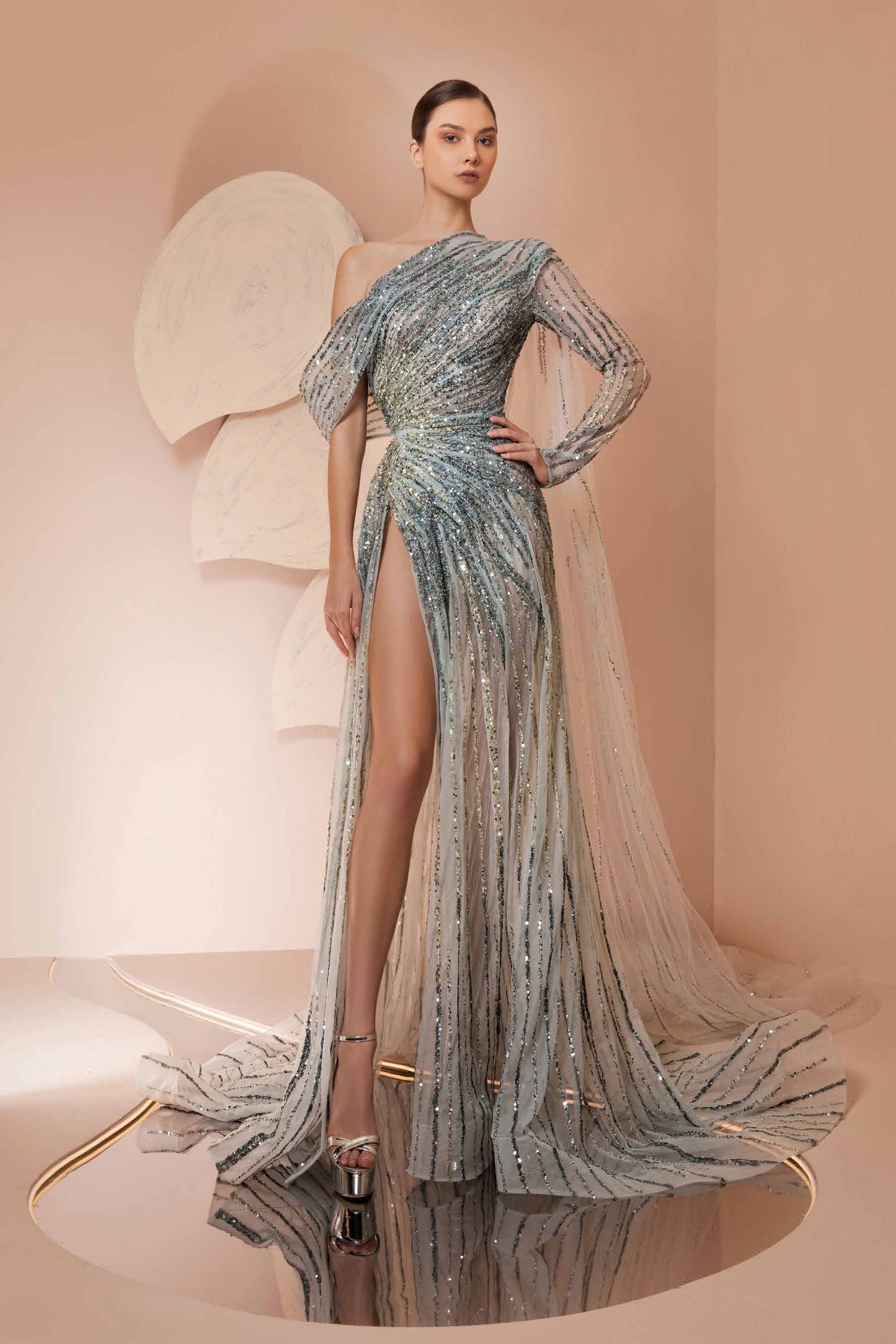 Fully Beaded One Sleeved Gown