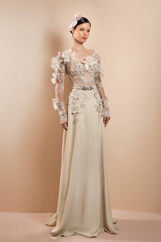 Crepe and Floral Lace Gown