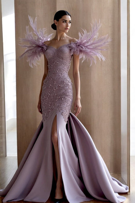 Feathered Sleeve Flared Slit Gown