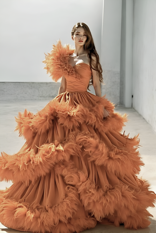 Feathered Tiered Ball Gown