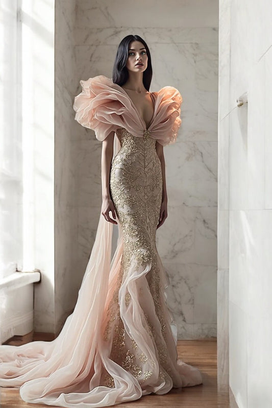 Ruffle Sleeve Flared Gown