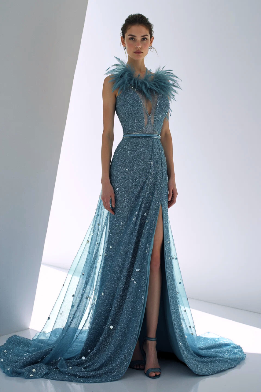 Feathered Neck Embellished Gown
