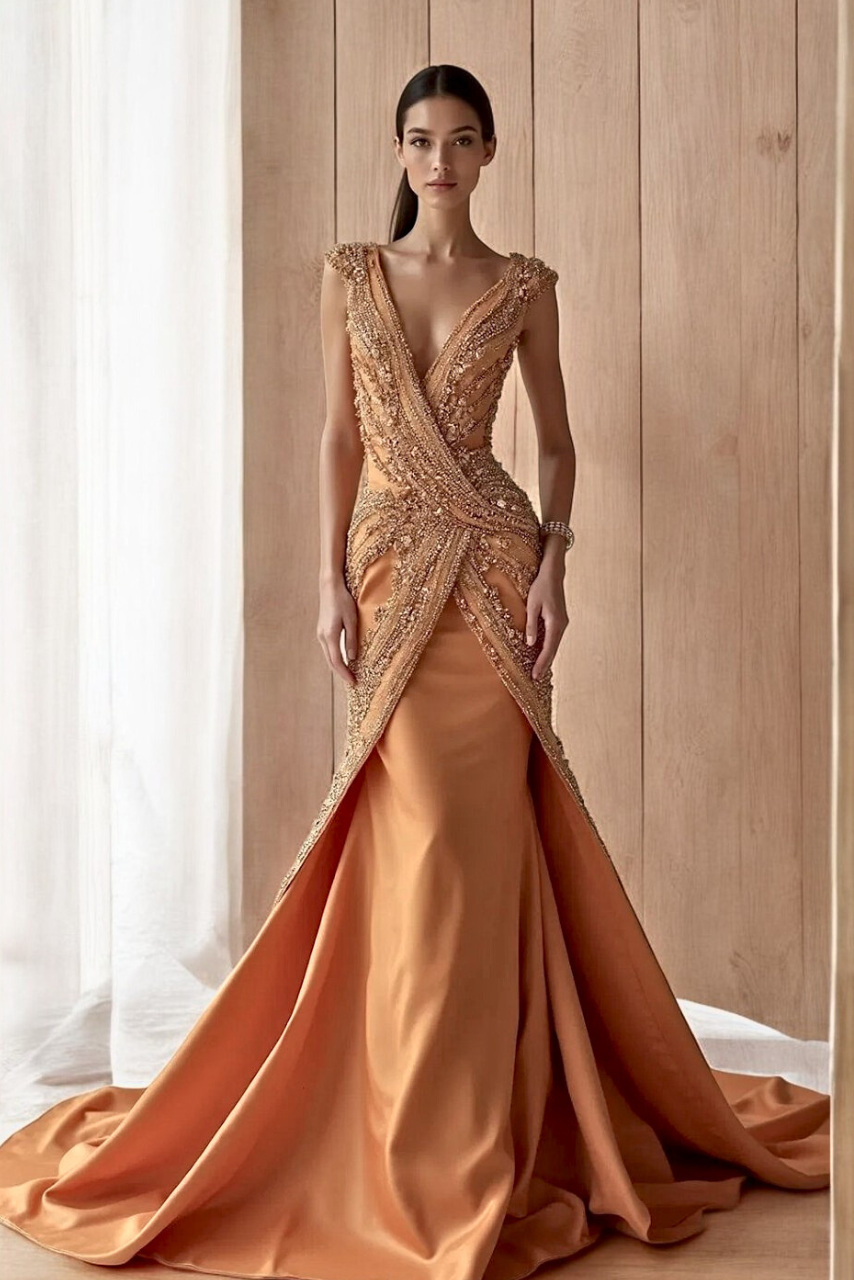 Embellished Cap-Sleeved Gown