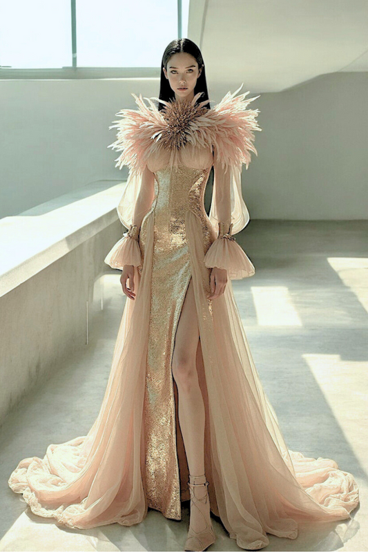 High Feathered Neck Gown