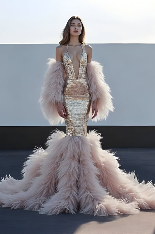 Flared Halter Neck-Feathered Gown