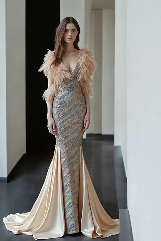 Feathered Sleeved Flared Gown