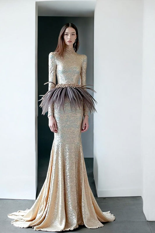 Feathered Peplum Flared Gown