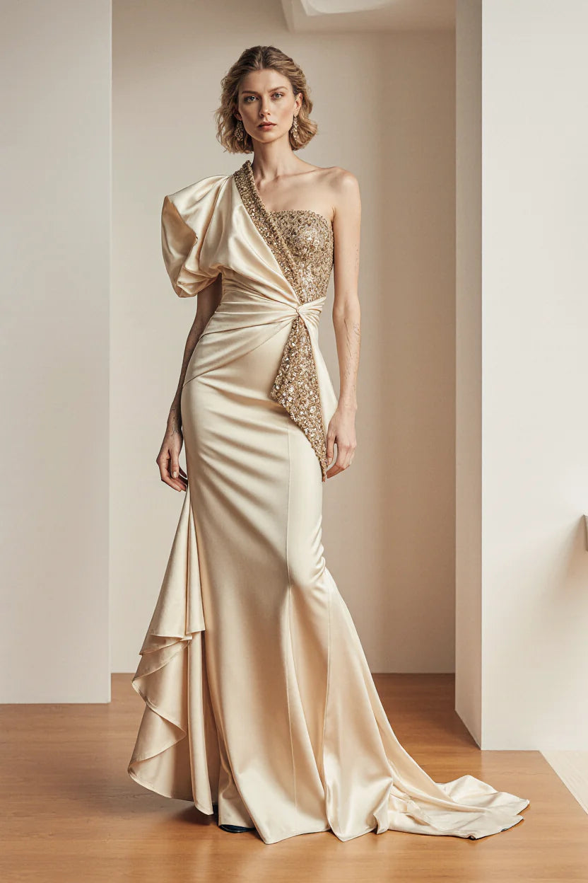 Sculpted-Shoulder Gown