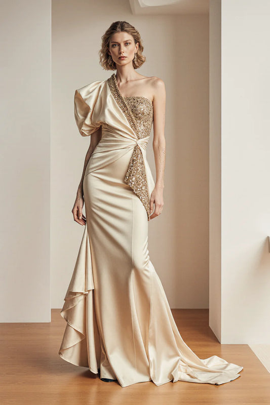 Sculpted-Shoulder Gown