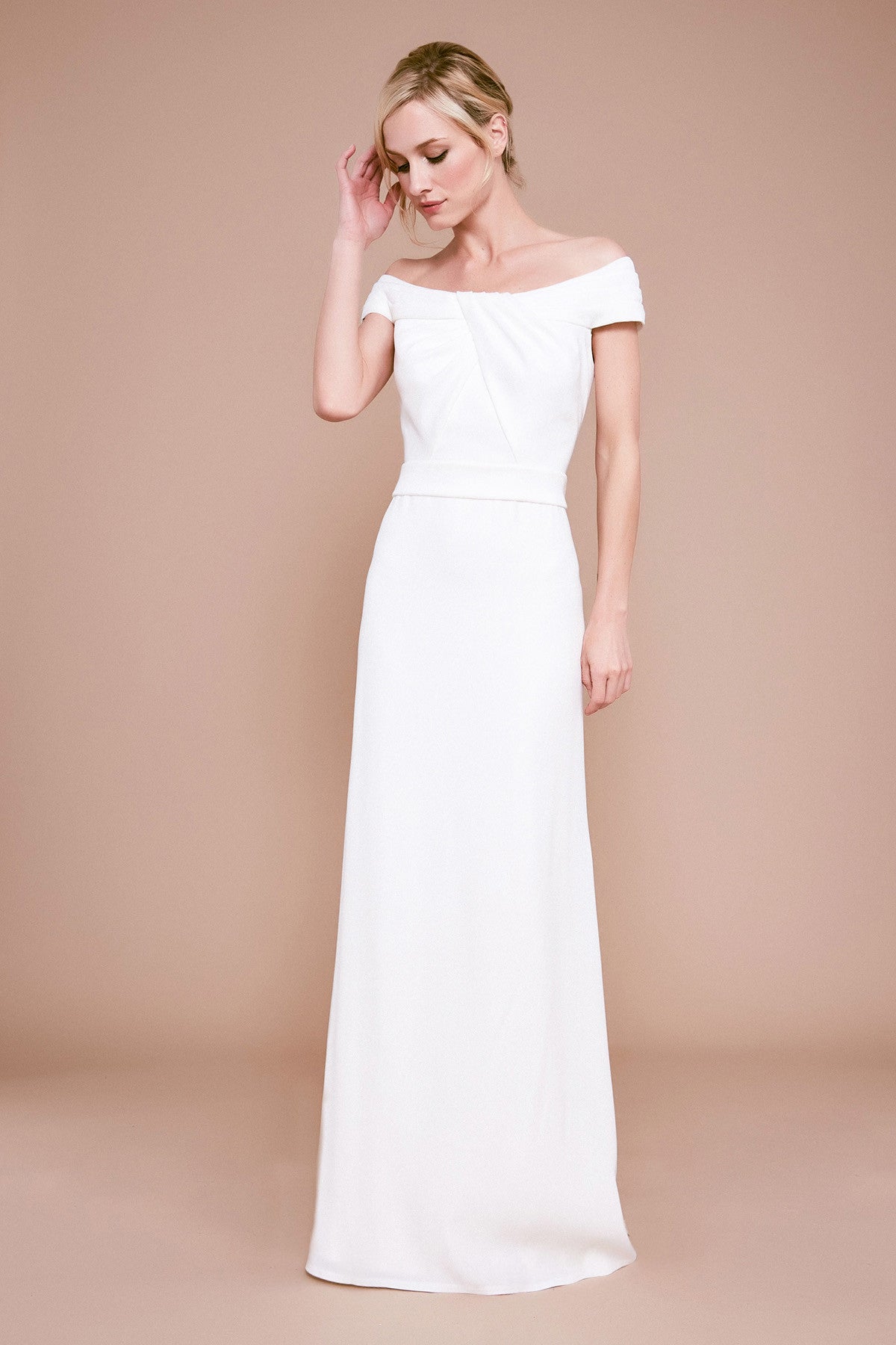 Busoni Off Shoulder Crepe Gown