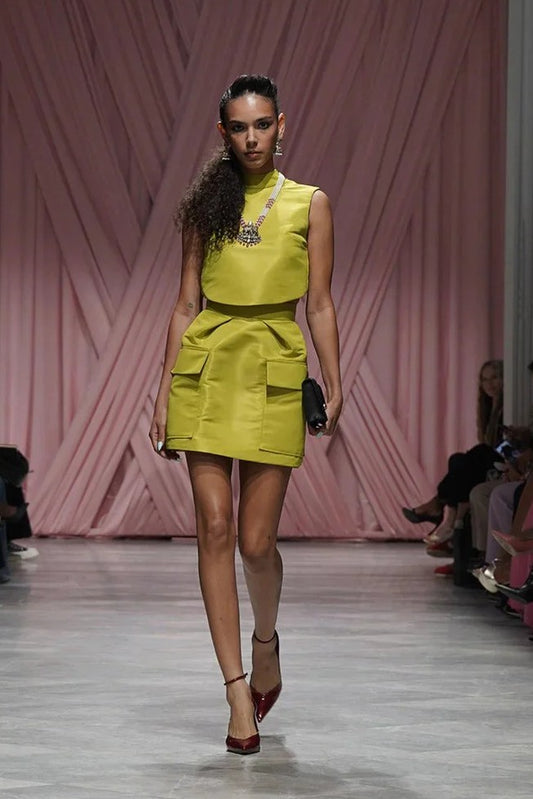Chartreuse Wing Faille Top & Cargo Mini Skirt