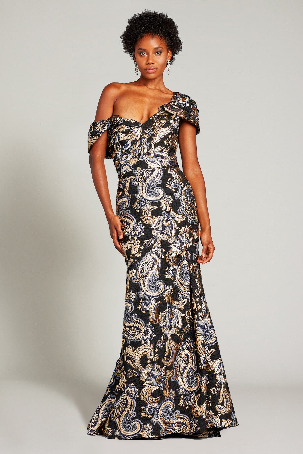 One Shoulder Draped Sleeve Evening Gown