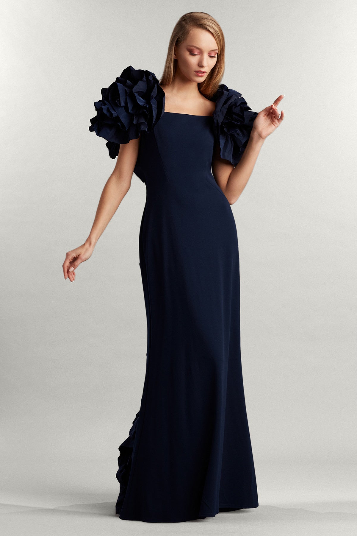 Ruffled Sleeve Taffeta Evening Gown