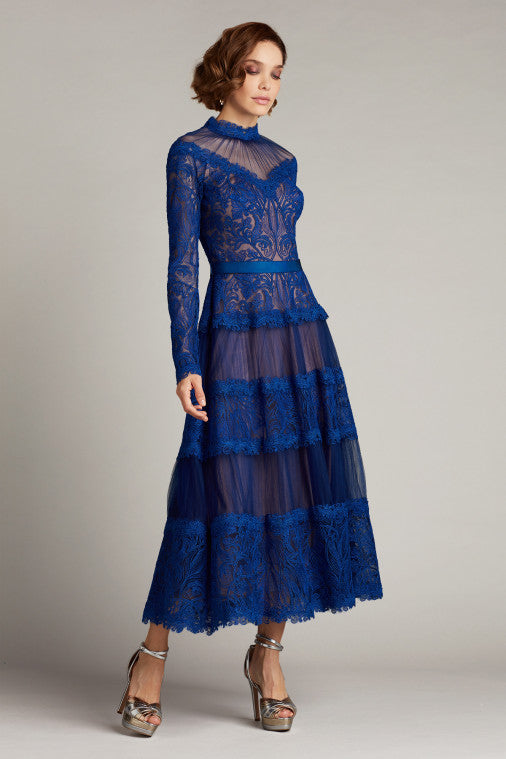Long Sleeve Illusion Neck Lace Midi Dress
