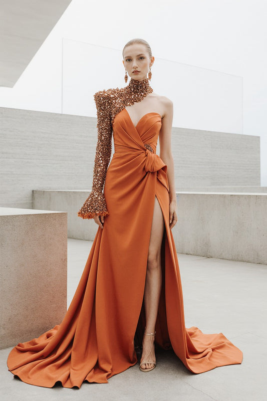 High Low  Beaded Sleeve Gown