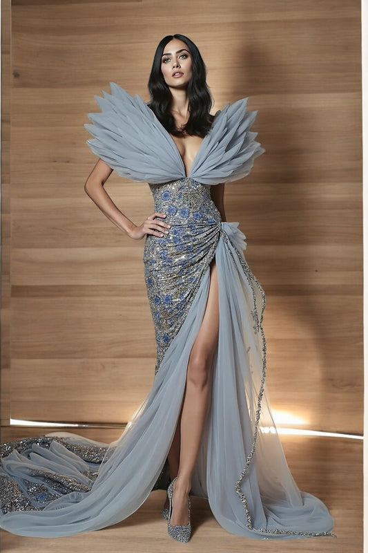 Sculpted Sleeve High Slit Gown