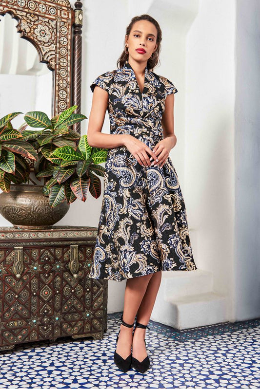 V neck Cap Sleeve Midi Dress