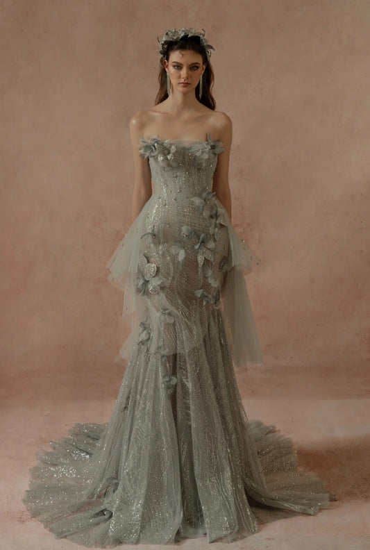 Floral Embellished Strapless Gown