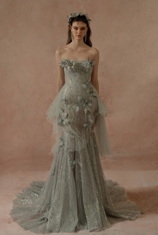 Floral Embellished Strapless Gown