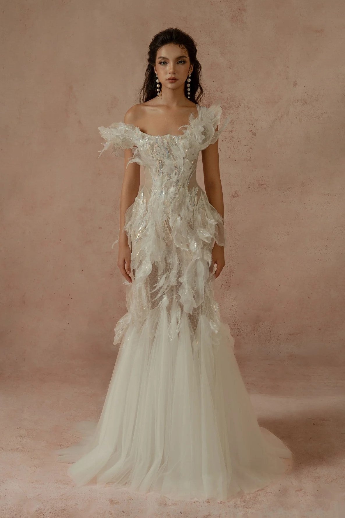 Draped Shoulder Trumpet Gown