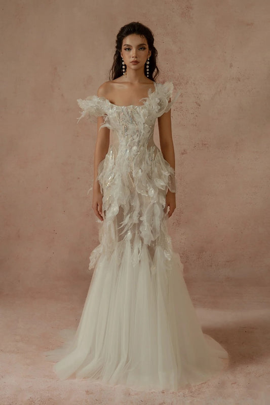 Draped Shoulder Trumpet Gown