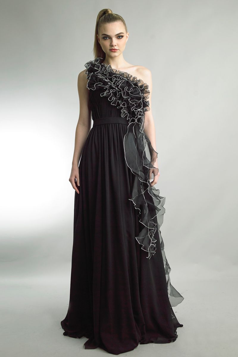 One Shoulder A-Line Gown with Ruffles