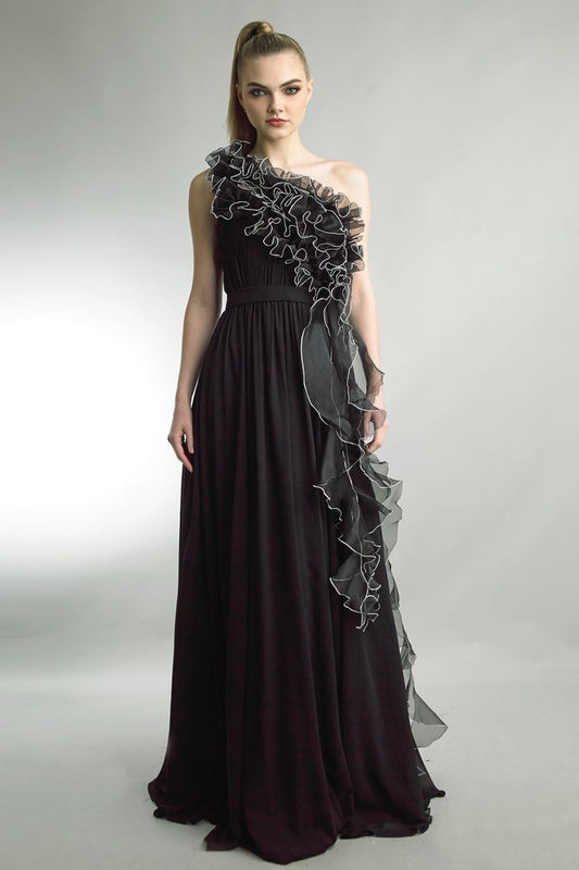 One Shoulder A-Line Gown with Ruffles