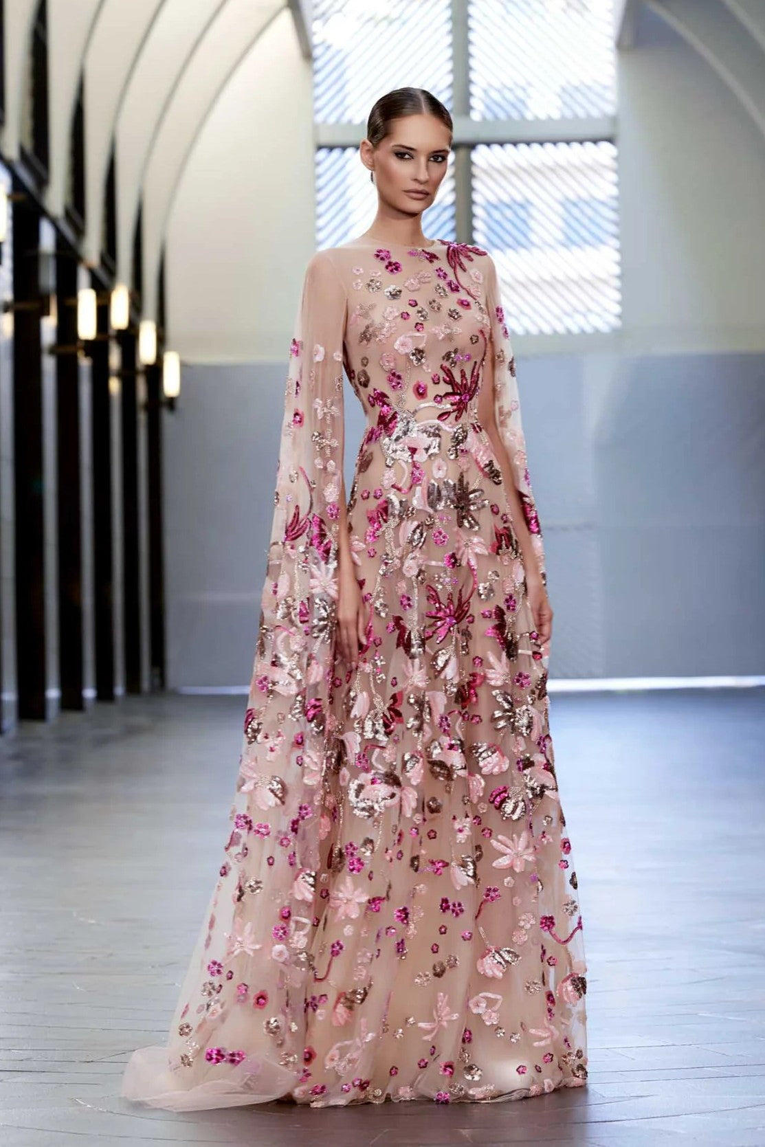 Floral Cape Sleeve Gown