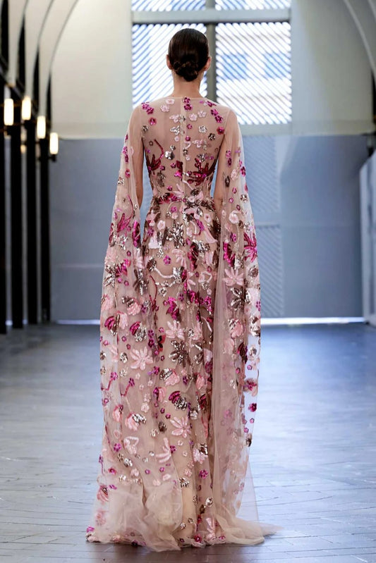 Floral Cape Sleeve Gown