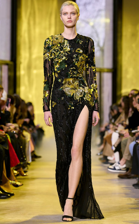 Embroidered Tulle Gown with Slit