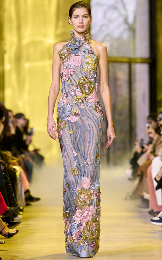 Halter Neck Embroidered Tulle Gown