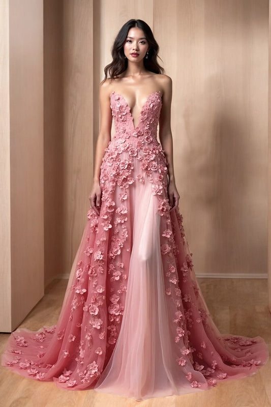 Strapless Floral Embellished Gown