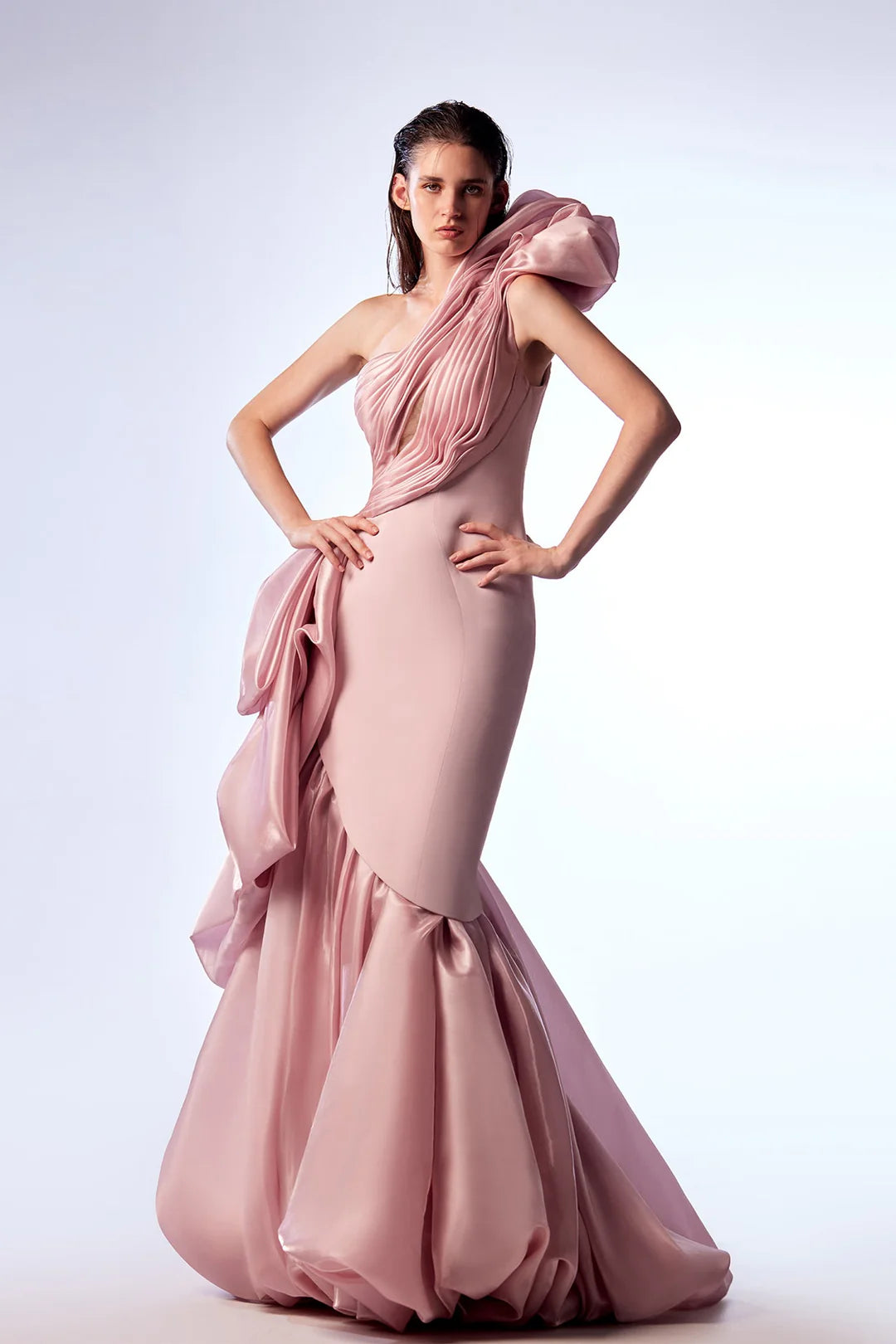 One-Shoulder Ruched Bodice Gown