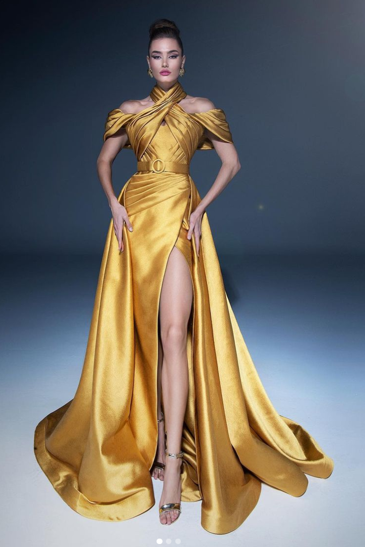 Pleated Halter Neck Slit Gown