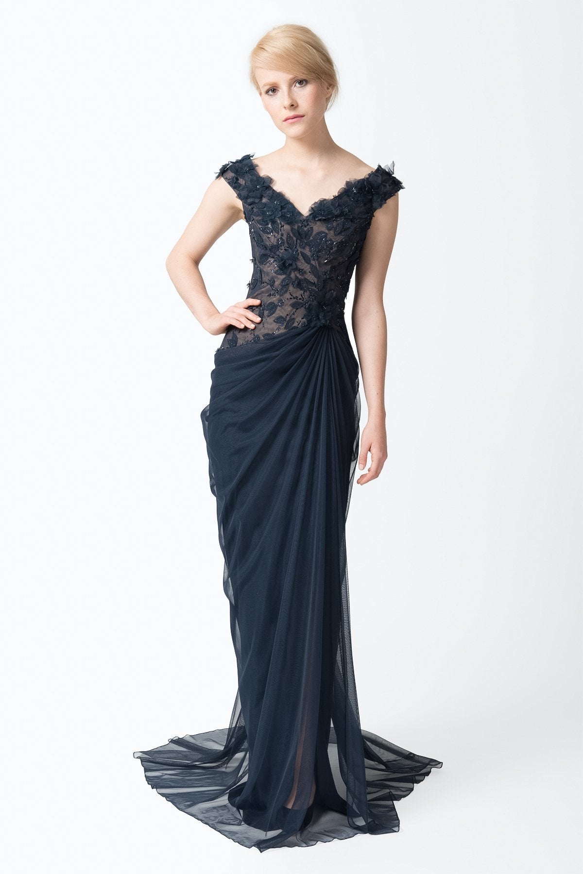 Floral Embellished Cap Sleeve Gown
