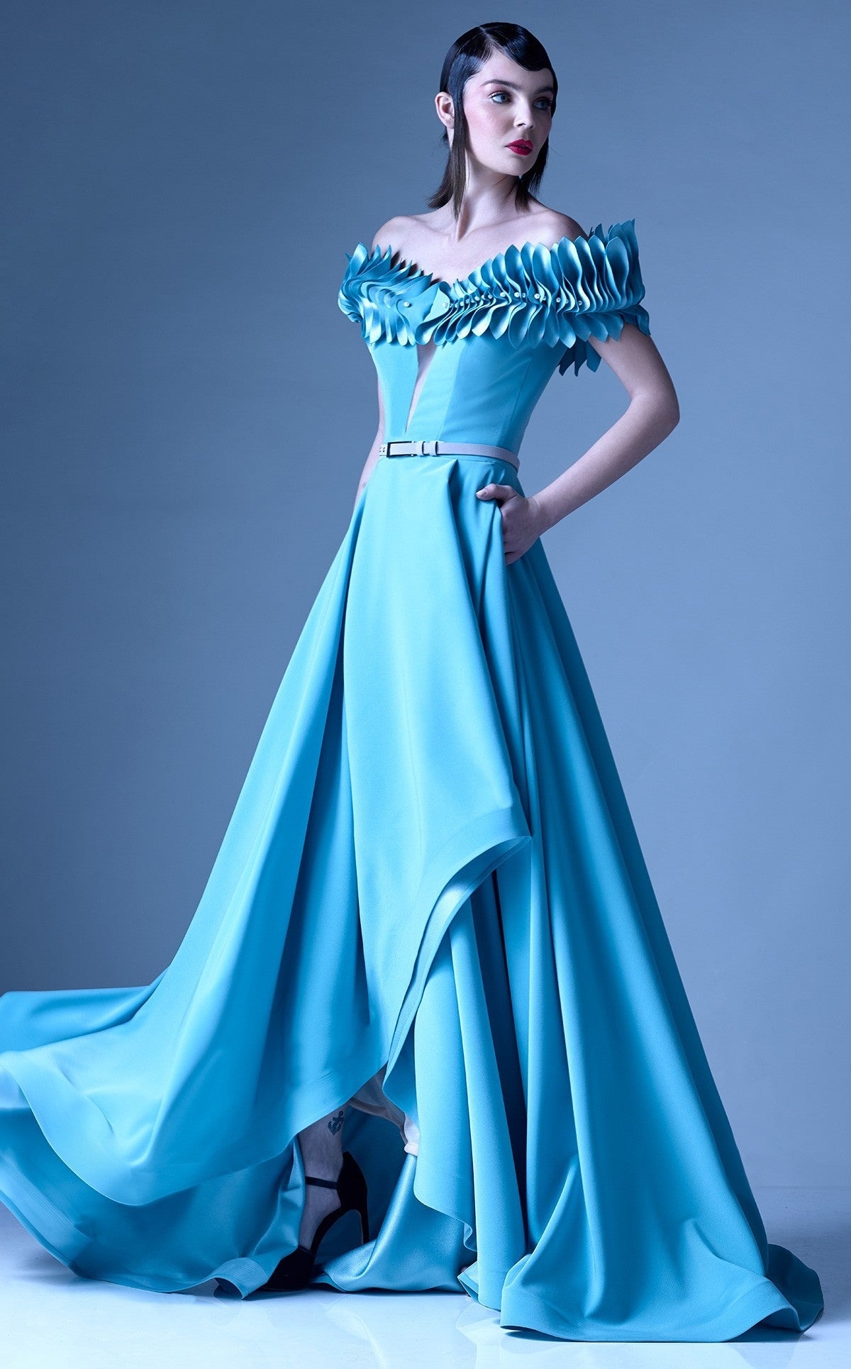 Off Shoulder Belted Aqua Gown