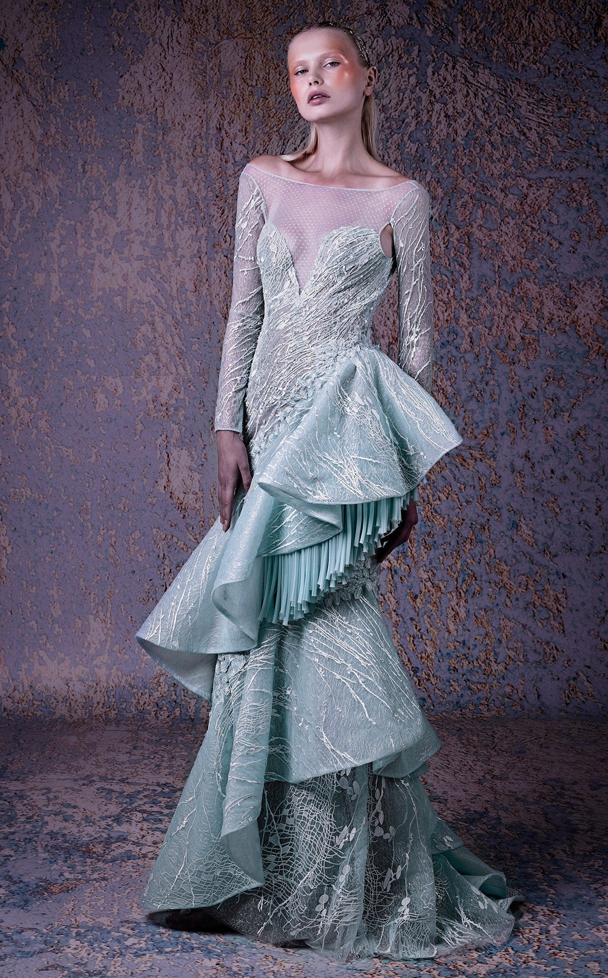 Off Shoulder Aqua Tiered Skirt Evening Gown