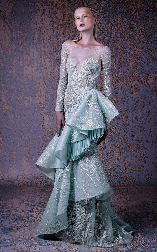 Off Shoulder Aqua Tiered Skirt Evening Gown