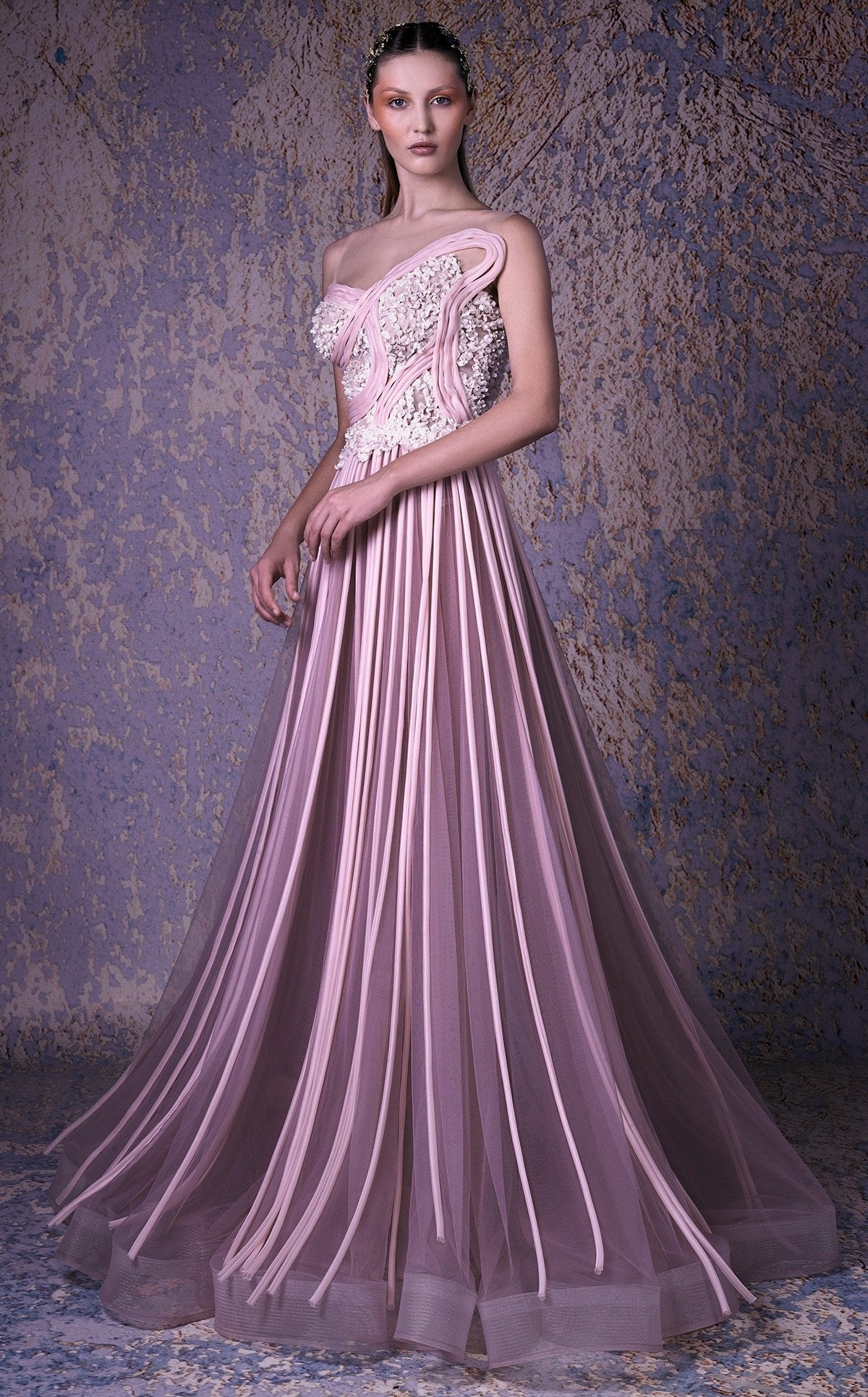 Strapless Illusion Pleated Gown