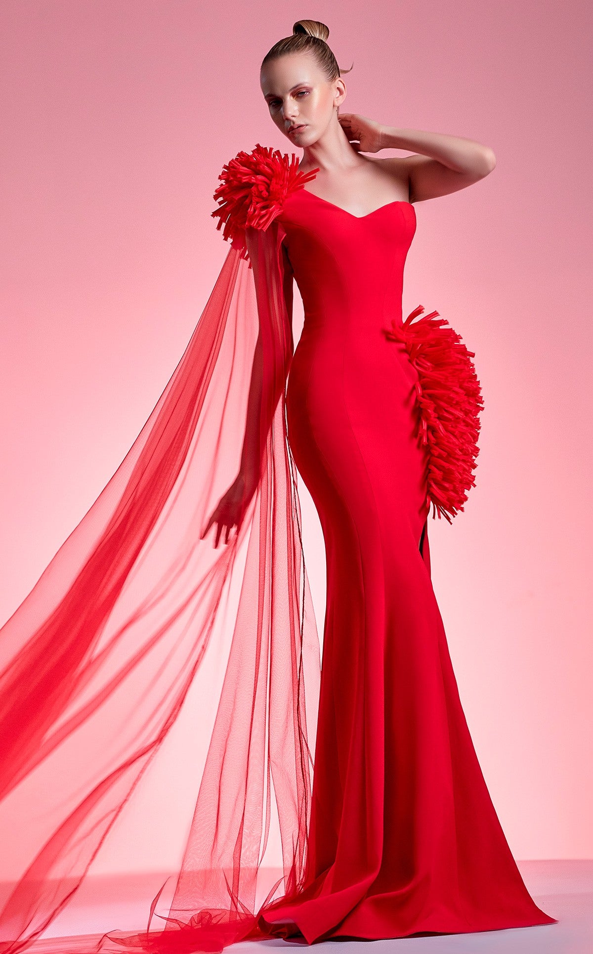 One Shoulder Fitted  Red Gown