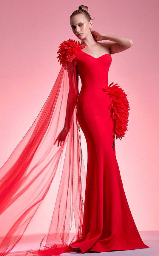 One Shoulder Fitted  Red Gown