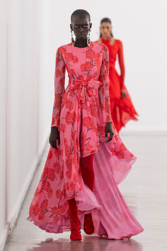 Printed Long-Sleeve Georgette Gown